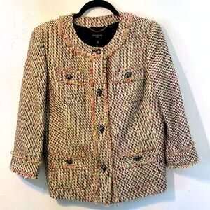 Tweed Talbots Cloque’ Fringe Blazer in pink and green.Eyelash trim.Size 12P